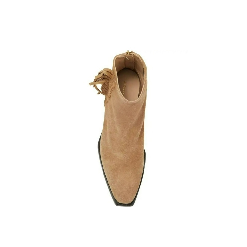 All Saints NEW Layla Cognac Sand Suede Fringe Zip Heel Ankle Booties Size 7 - Picture 4 of 12